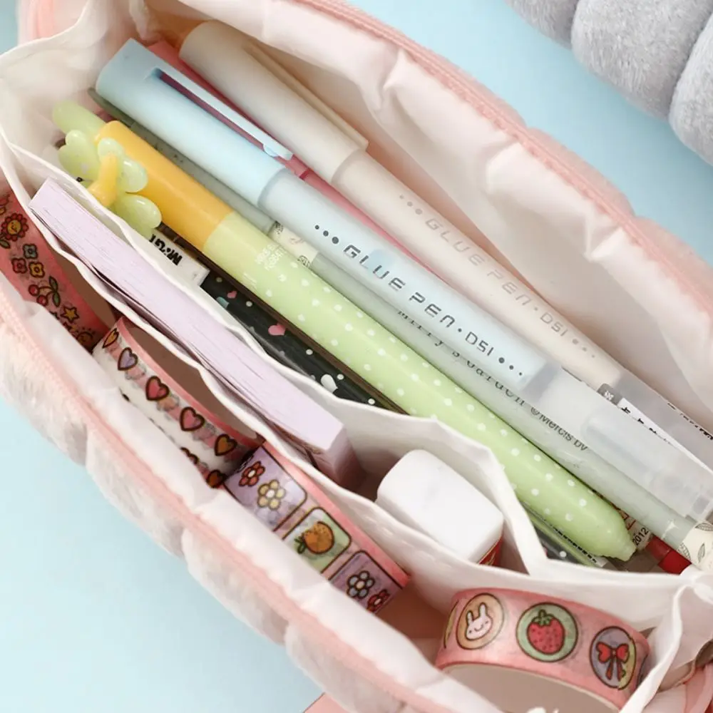 Pencil Bag Large Capacity Plush Pen Bag Bread 2 Layers Cloud Bread Pencil Case Creative Cloud Plush Storage Bag Girls