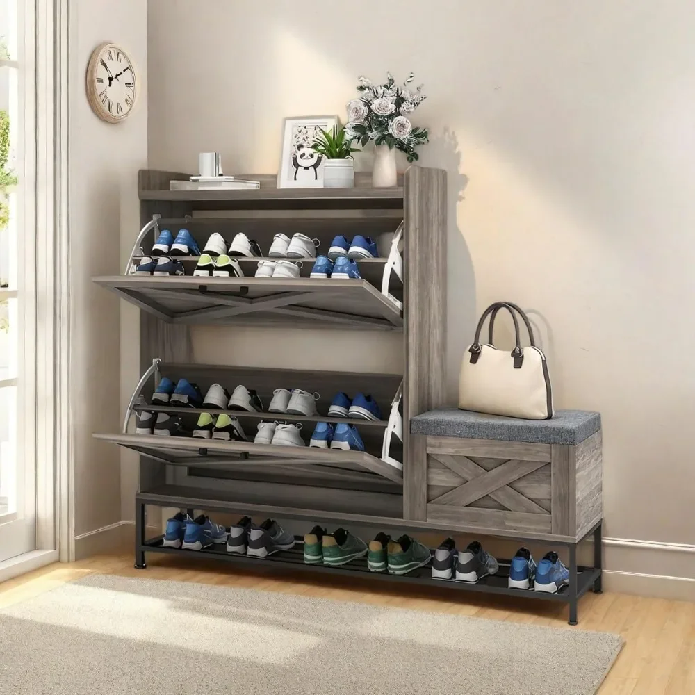 

Farmhouse shoe storage cabinet with 2 flip drawers, capable of accommodating 16 pairs of shoes