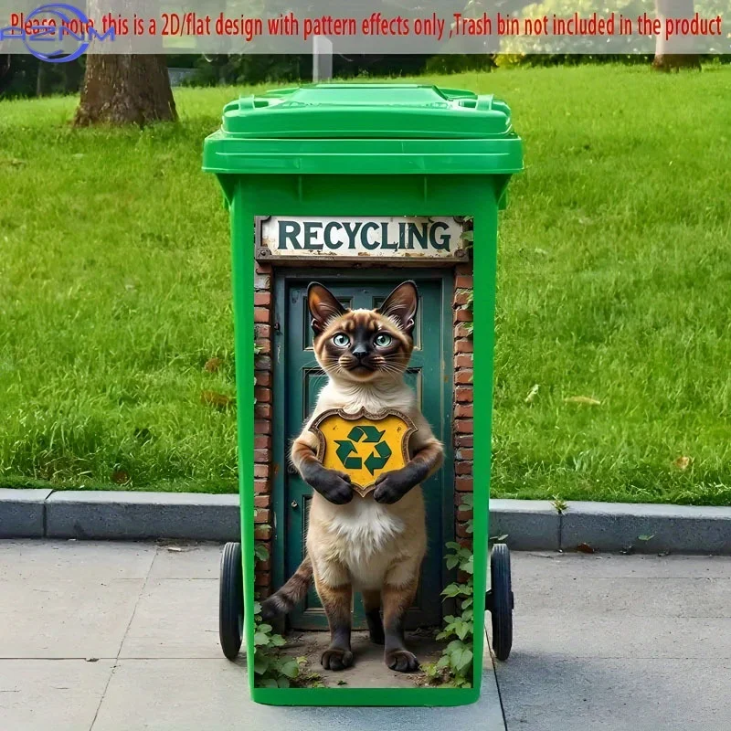 2D Flat Printing 1pc Trash Can Sticker  Recycle Cat Theme Design Self-Adhesive Wallpaper for Kitchen Bin, Wall Decoration Suit