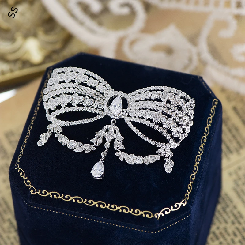 S925 Fashion Vintage Bow Brooches for Women 2024 Antique Jewelry Sweet Elegant Retro Silver Metal High-end Corsage Pin 5A Zircon