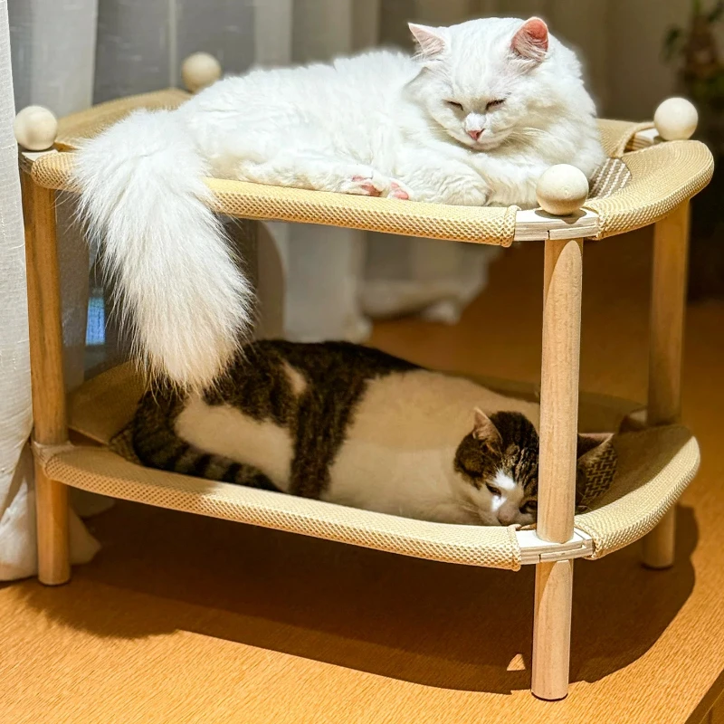 Solid Wood Cat Bed Double-layer Breathable Cat Nest Indoor Durable Cats Scratching Post Comfortable Sisal Rattan Bunk Beds