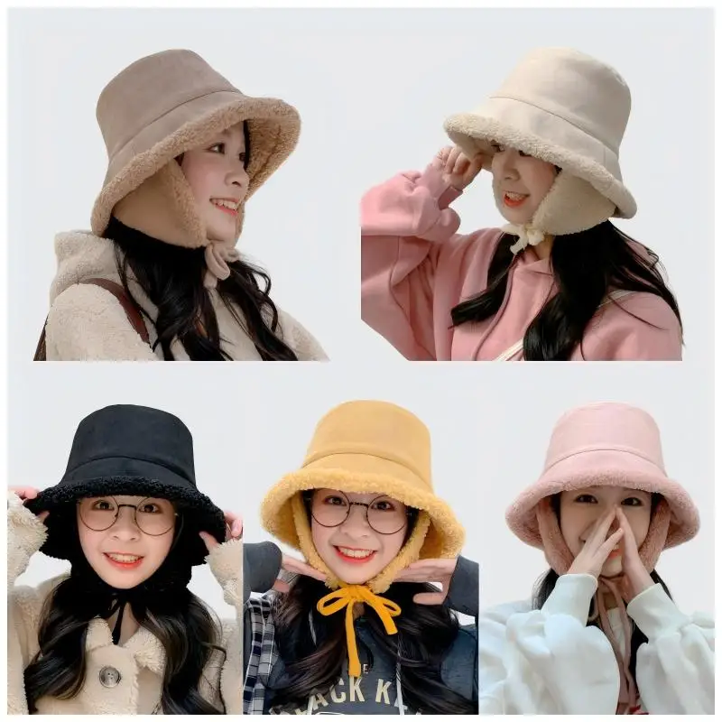 Fischerhut für Damen, Fischerhut aus Lammwolle, koreanischer Stil, mit Fleece gefüttert, Fahrradhut, warm, winddicht, Ohrschutz