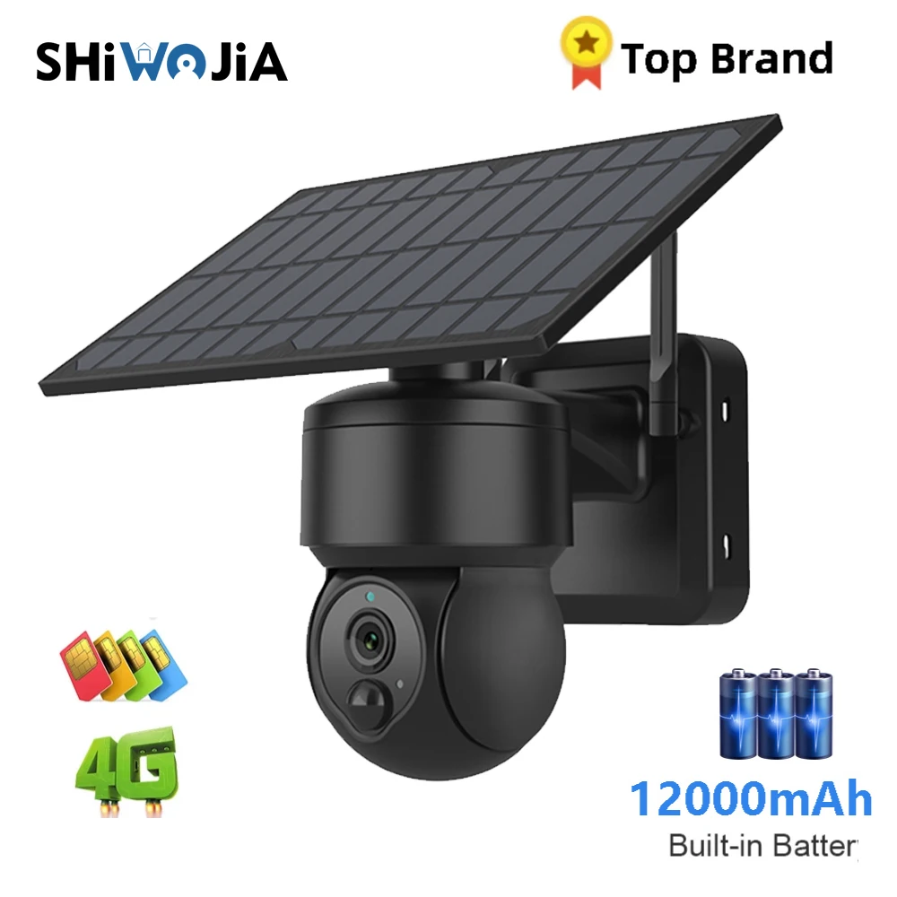 

SHIWOJI WIFI/4G SIM Solar Camera Security Outdoor Power Cctv 12000mAh Battery IP66 Wireless 2 Way Talk Detect Black Solar IP Cam