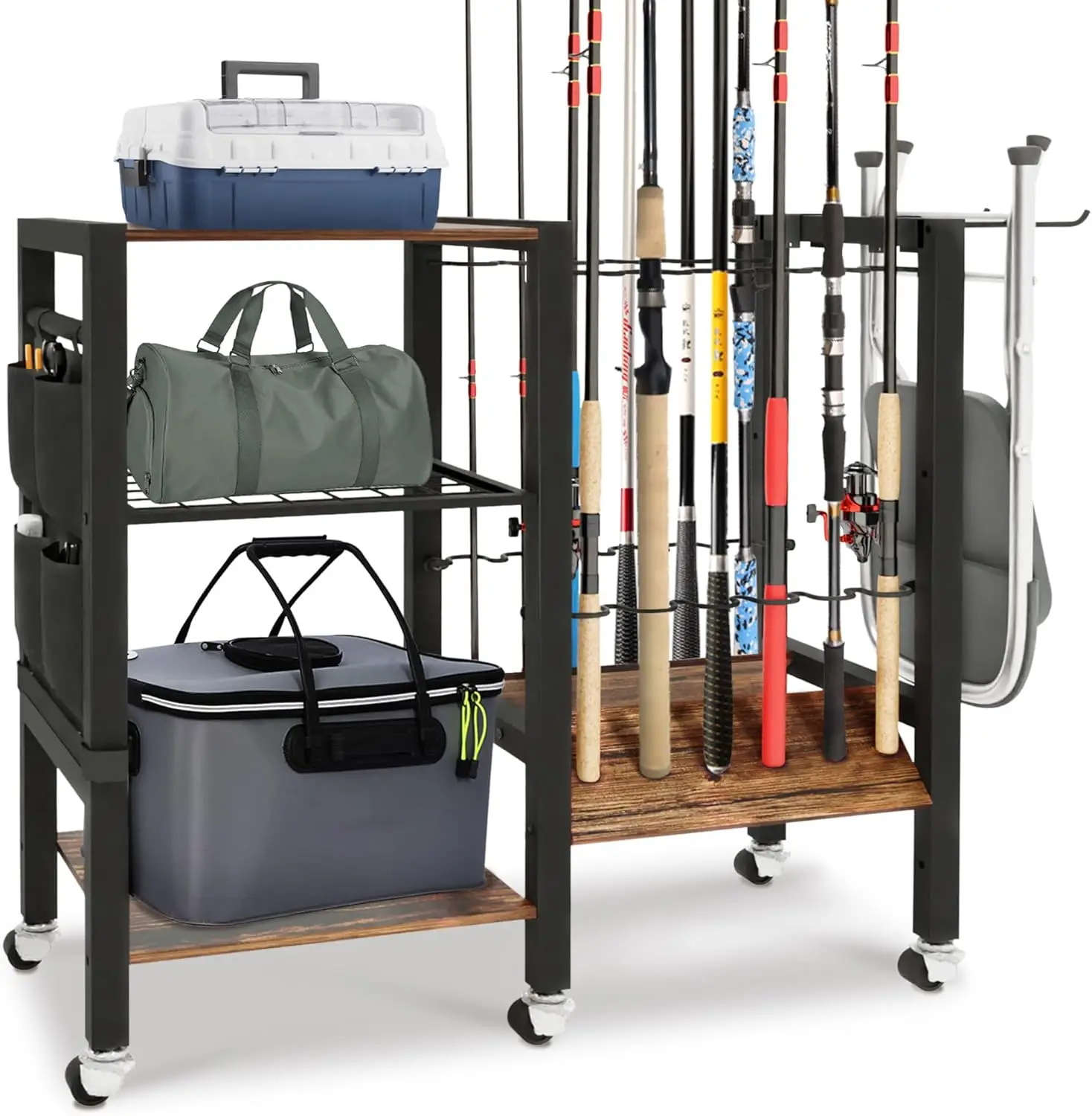 

Трехуровневая подставка для удочек с колесами, вмещает до 12 удилищ и снастей для гаража или дома