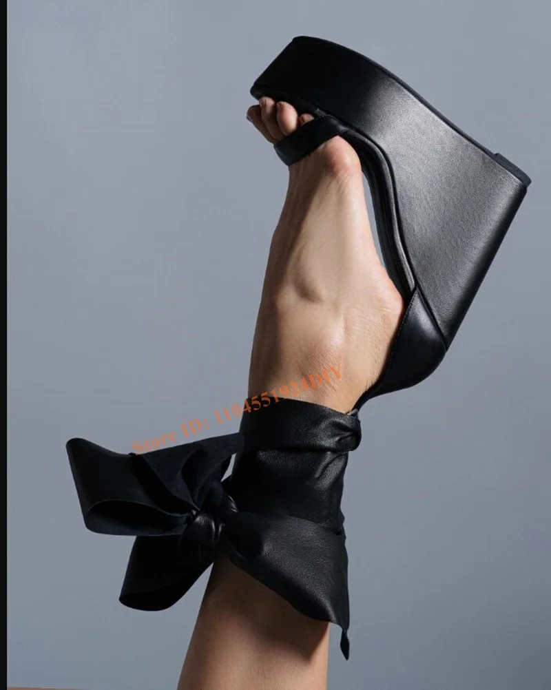 Leather Upper Wedge Heeled Thick Platform Adjustable Diy Wrap Strap Bow Tie Knot High Heel Sandals Women Open Toe Summershoes
