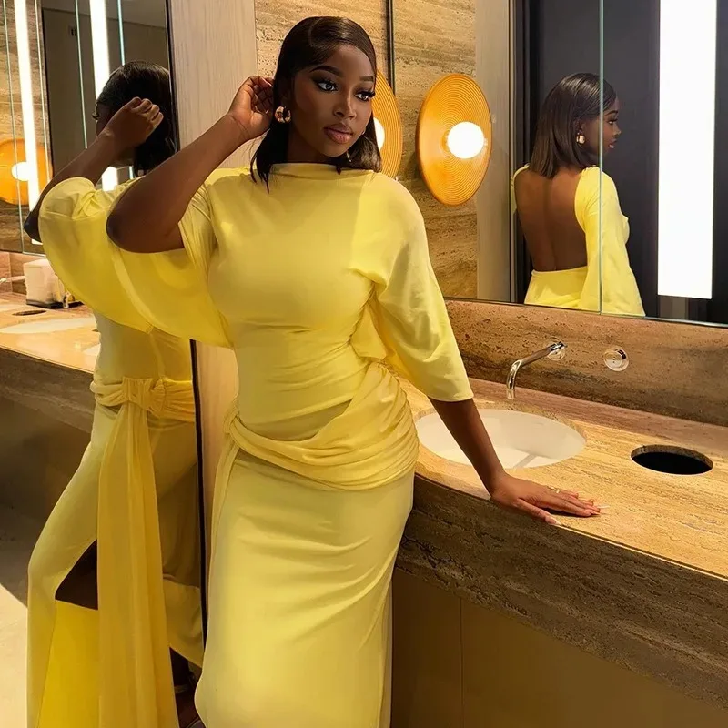 

Women's Slash Neck Short Sleeve Backless Pleated Bandage Split Hips Wrapped Roose Long Dress, Solid Color, Sexy