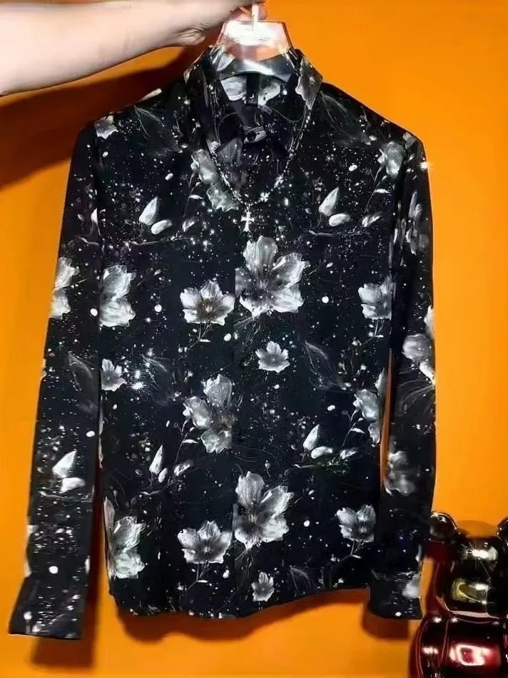 

Модная роскошная рубашка с принтом и длинным рукавом для мужчин, повседневная, осенне-зимняя, приталенного кроя, из дышащего полиэстера