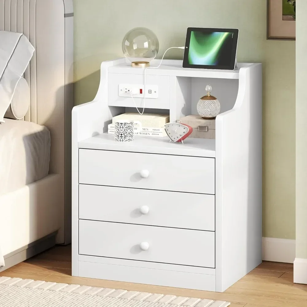 

Nightstand with Charging Station, Night Stand with 3 Storage Drawers, Bedside Table with Hutch