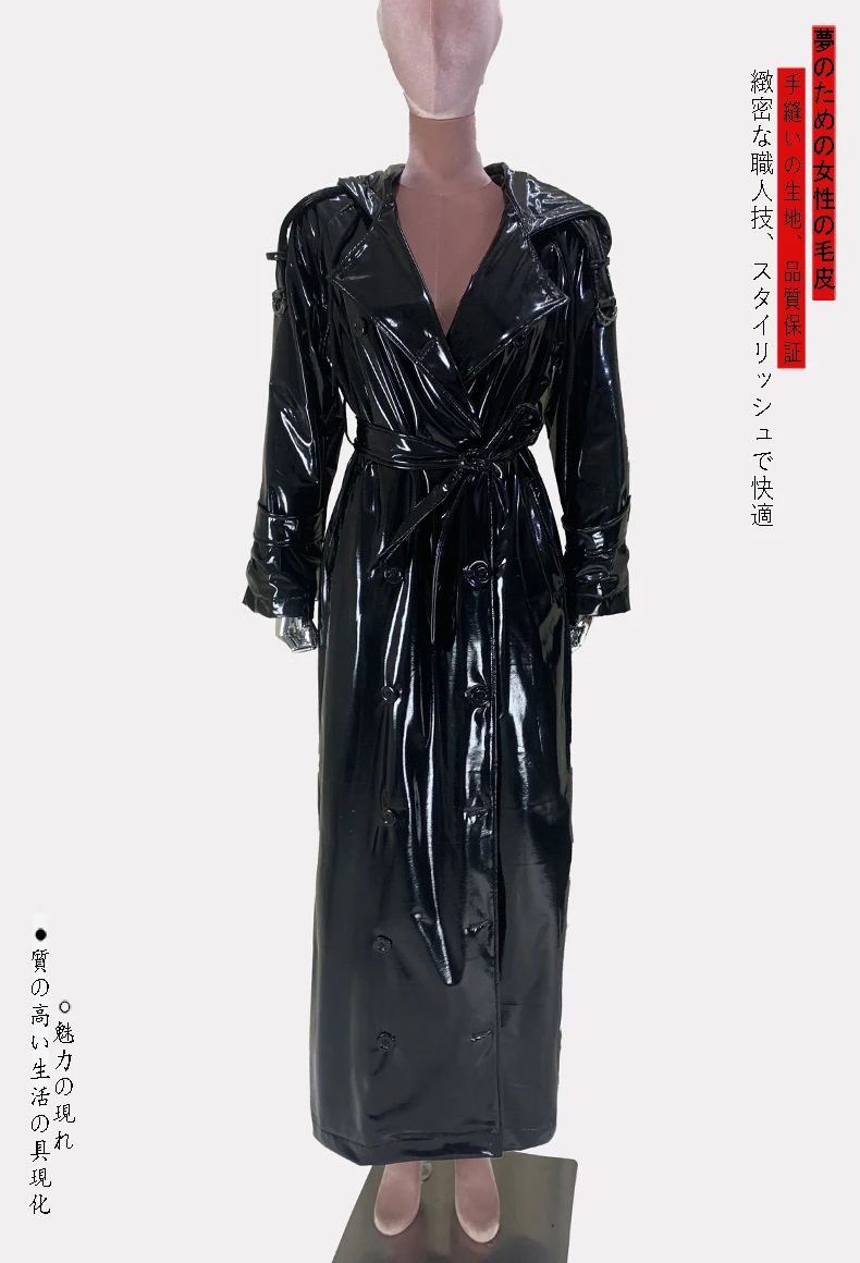 Nerazzurri Autumn Extra Long Shiny Black Soft Patent Pu Leather Trench Coat for Women with Hood Double Breasted European Fashion