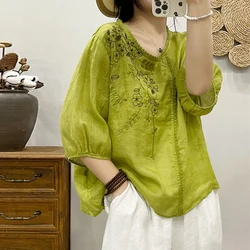 Women's Vintage Ethnic Style Embroidery Blouse Fashion Lace Patchwork Oversize Cotton Linen Shirt Casual O Neck Half Sleeve Tops