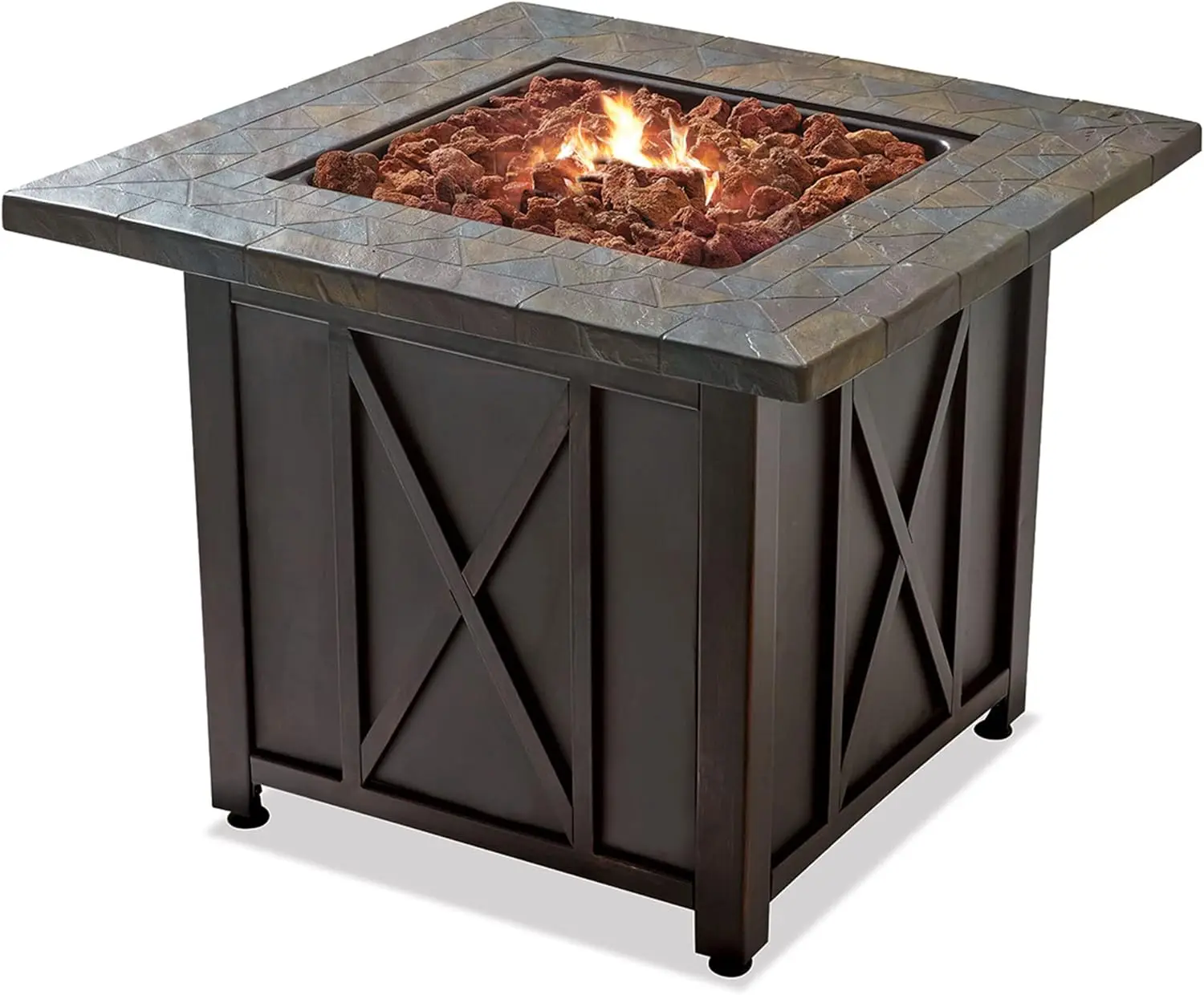 

30 Inch Square 30,000 BTU Liquid Propane Gas Outdoor Fire Pit Table w/Push Button Ignition, Lava Rock, & Steel Fire Bowl, Bronze