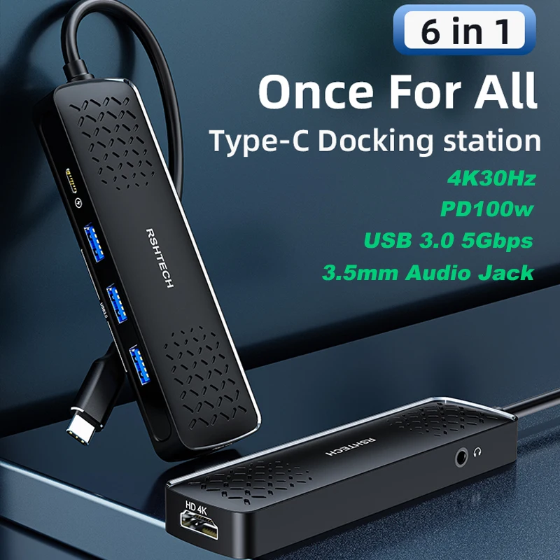 RSHTECH USB C Hub with HDMI 4K@30Hz 6-in-1 USB-C Multifunctional Docking Station PD 100W 3.5mm Audio Jack 5Gbps Type-C Hub