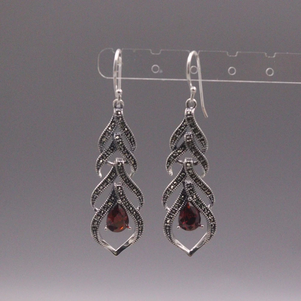 

Real Solid 925 Sterling Silver Dangle Women Gift Lucky Zircon Ruby Leaf Feather Earrings