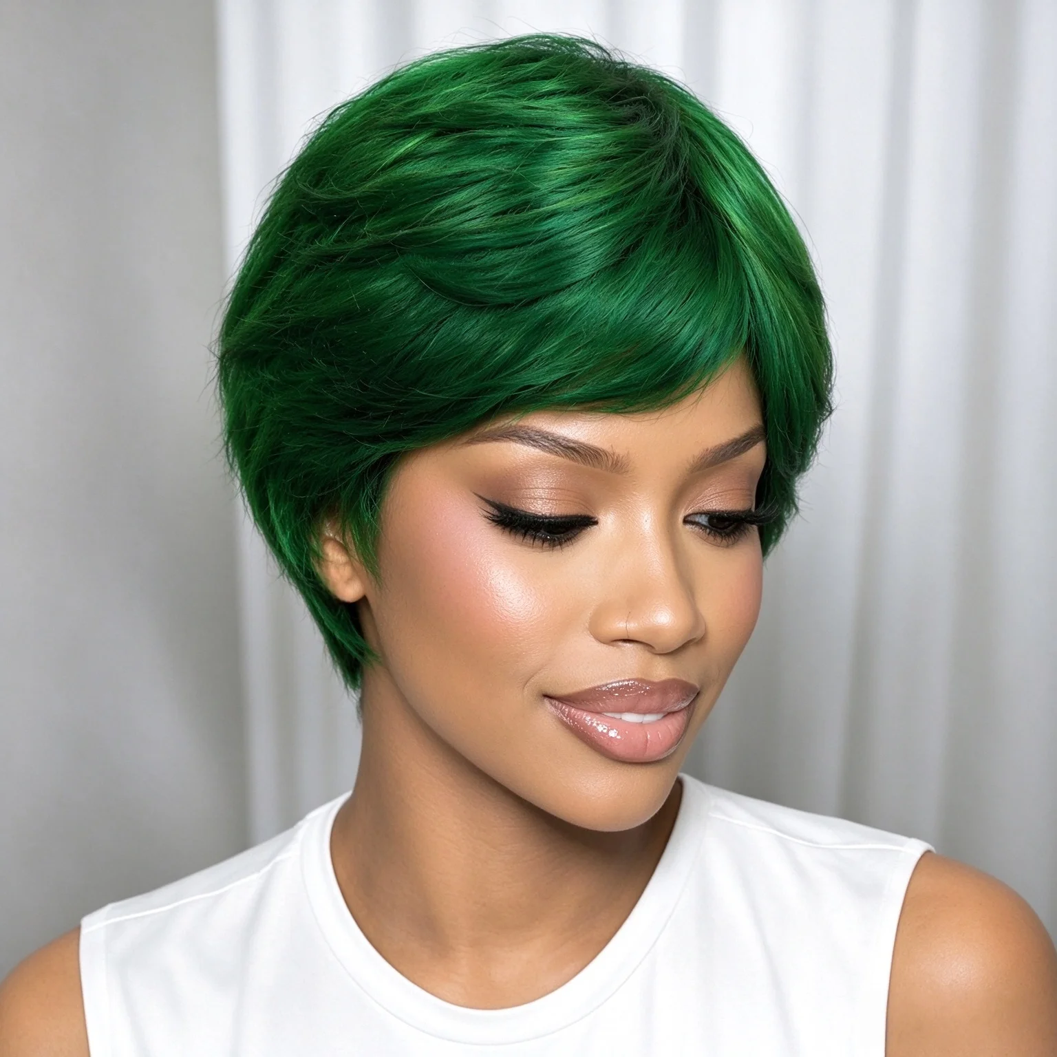 Blunt Bangs Short Pixie Cut Wigs, machine made. Vivid green, natural & lightweight. Easy to wear, great for daily, party and cos