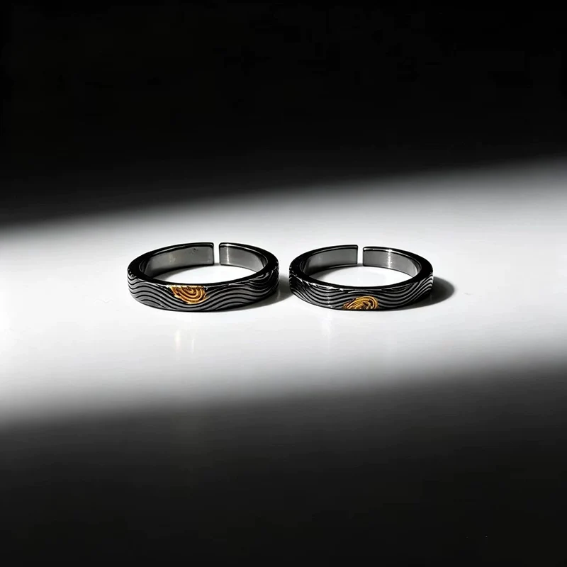 Harmony River & Mountain Pattern Couple's Rings Black Gold Gilded Rings for Men's & Women Love Fingerprints Finger Jewelry