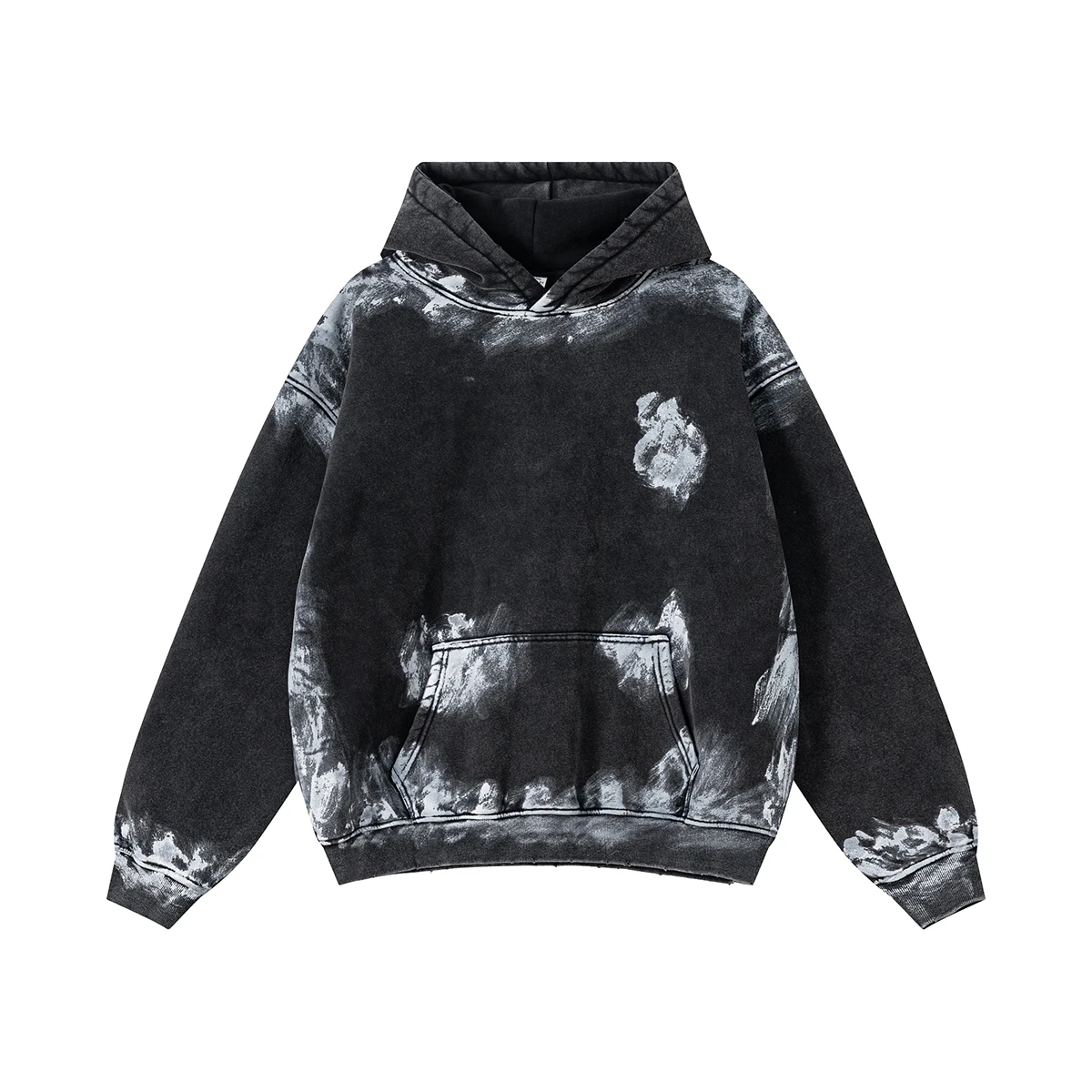 2025 Autumn Distressed Graffiti Brushing Paint Baggy Hoodie Men Vintage Heavyweight Acid Wash Fleece Hooded Pullover Sweatshirt
