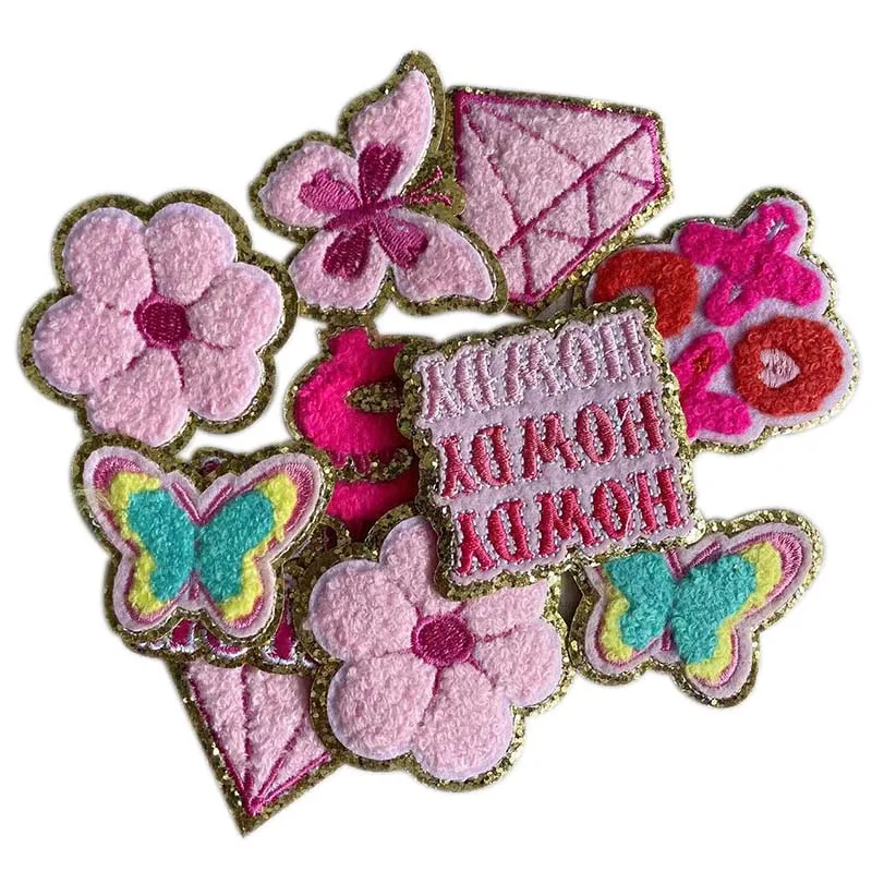 Butterfly,Flower With Golden Glitter Embroidery Applique Badge Patch Vetement Thermocollant,Chenille Iron On Patches For Cothing