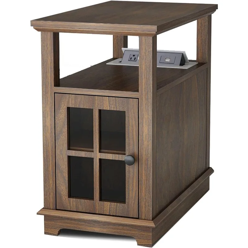 End Table with Charging Station, Side Table with Semi-Open Storage, Bedside Table with 2 Power outlets & 2 USB Ports