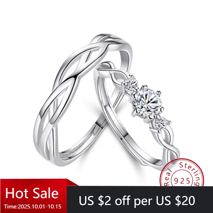 

S925 Sterling Silver Couple's Ring Set - Women's & Men's Matching Bands Unique Wedding Diamond Rings - Adjustable