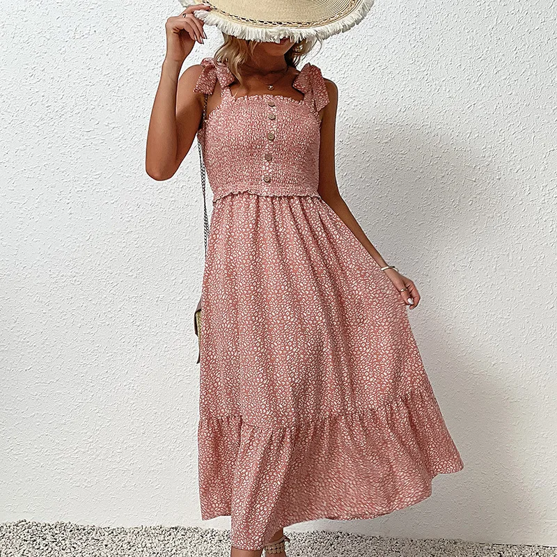 

Prairie Chic Sweet Dress Summer 2023 Spaghetti Strap Lace-up Button Floral Print Women Dresses A Line Ruffles Long Vestidos