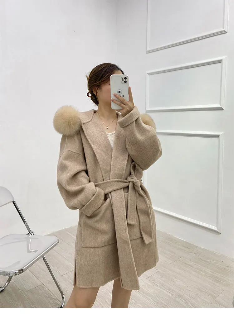 Furshehe Autumn Winter Women Wool Coat With Real Fox Fur Collar Loose Belted Cashmere Coat Ladies Winter Jacket