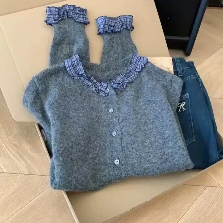 

Корейский Sle Sweet Color Blo клетчатый трикотаж женский модный утягивающий свитер осенний сезон винтажный персональный маленький размер