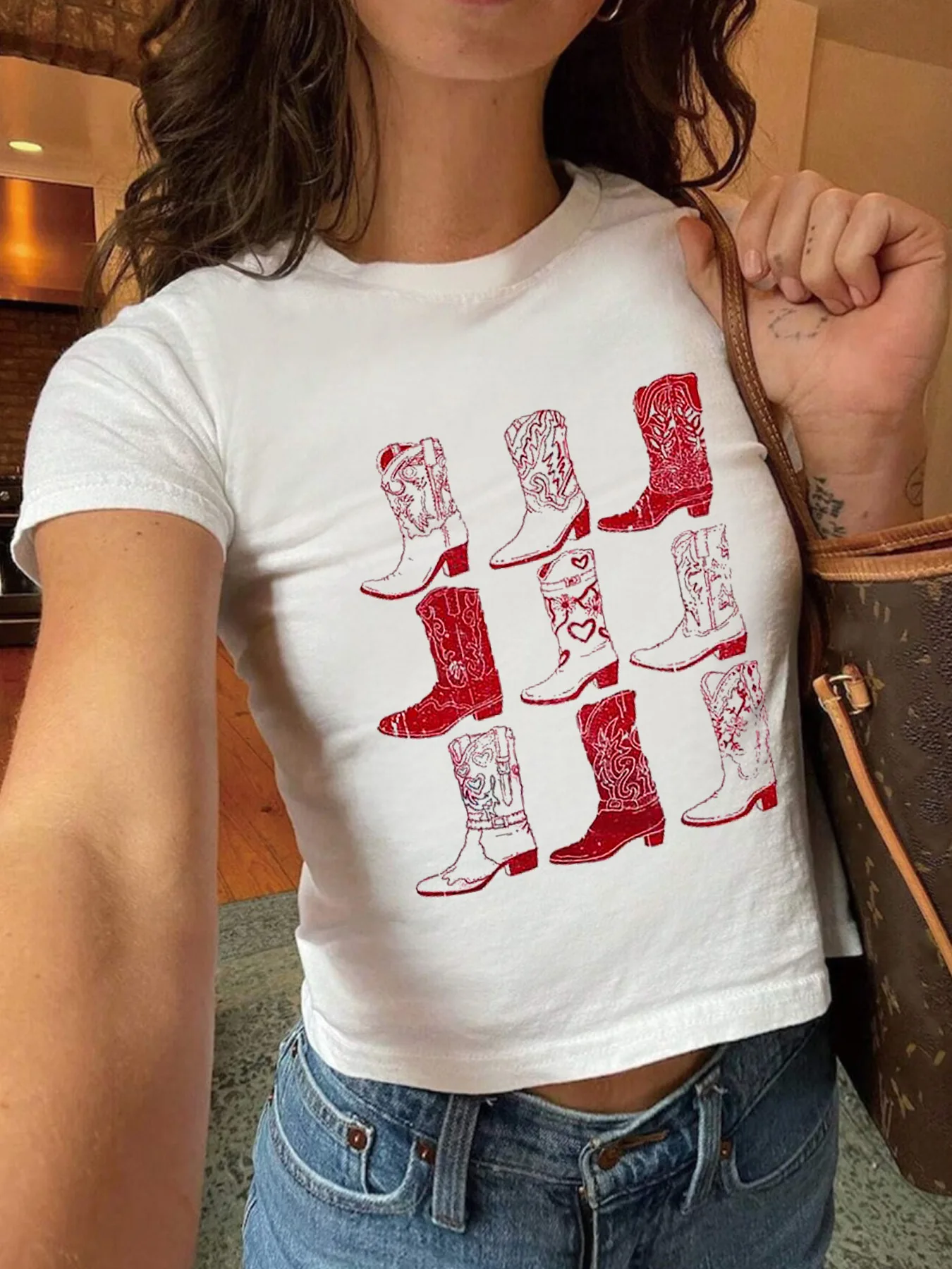 Boots Print Crop Top T Shirt Women Sexy Slim Fit Short Sleeve Tee Streetwear Y2K Harajuku Aesthetic Summer Blouse