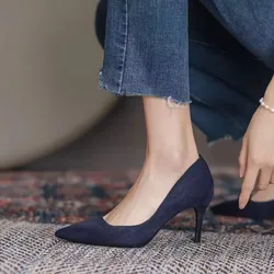 Women High Heel Shoes Sharp Pointed Thin Heel High-heeled Pumps Shoes New Suede Black Red Blue Women's Single Shoes Big Size 42