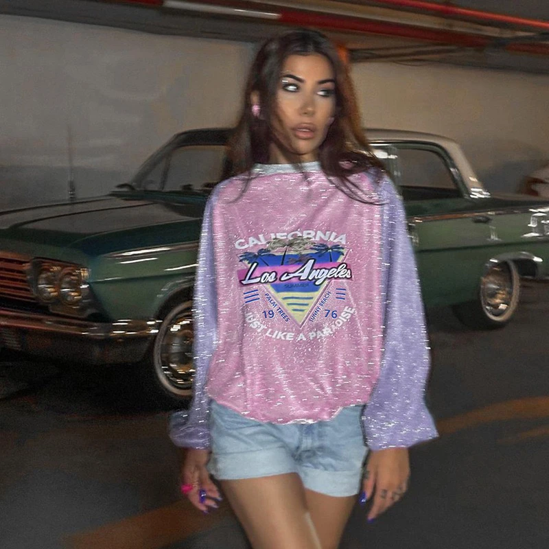 

Сексуальная толстовка Y2K American Sweetheart с длинными рукавами, блестящими стразами, розово-фиолетового цвета, для ночного клуба, для выступлений