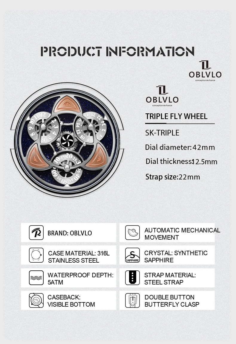 OBLVLO Мужские автоматические часы 42 мм Механические наручные часы 5ATM Водонепроницаемые сапфировые светящиеся вращающиеся маленькие циферблаты