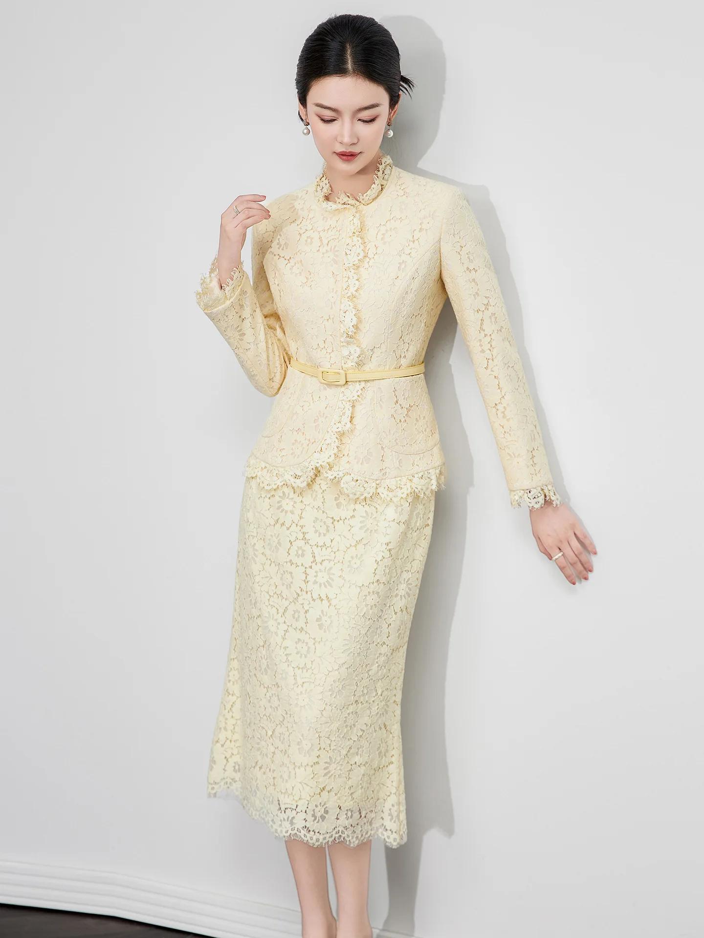 ZJYT-Conjunto de vestido de dos piezas de encaje para mujer, elegante, a la moda, 2025, Top de encaje con cinturón de manga larga y falda, traje de fiesta y oficina