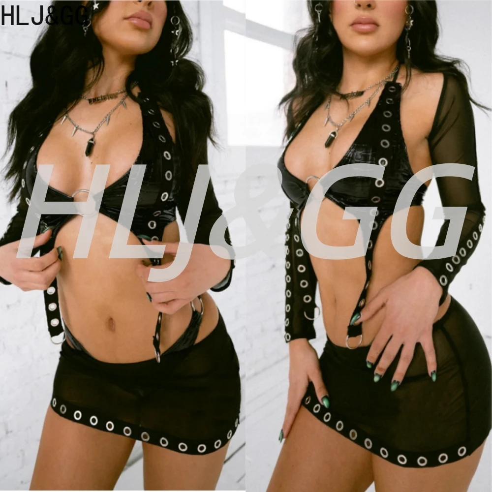 

HLJ&GG Black Sexy Hot Girl Bra Set Punk Style Studded Party Fashion Night Club 4 Piece Suits Female Hollow Bodycon Clothing 2025