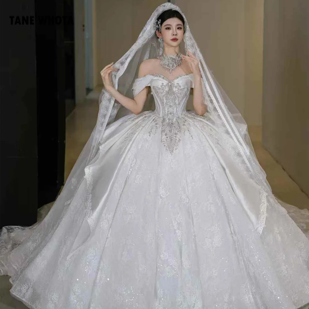 

Vestido Noiva Casamento с кристаллами и открытыми плечами на шнуровке сзади, расшитое бисером и блестками, бальное платье высокого качества, кружевное свадебное платье