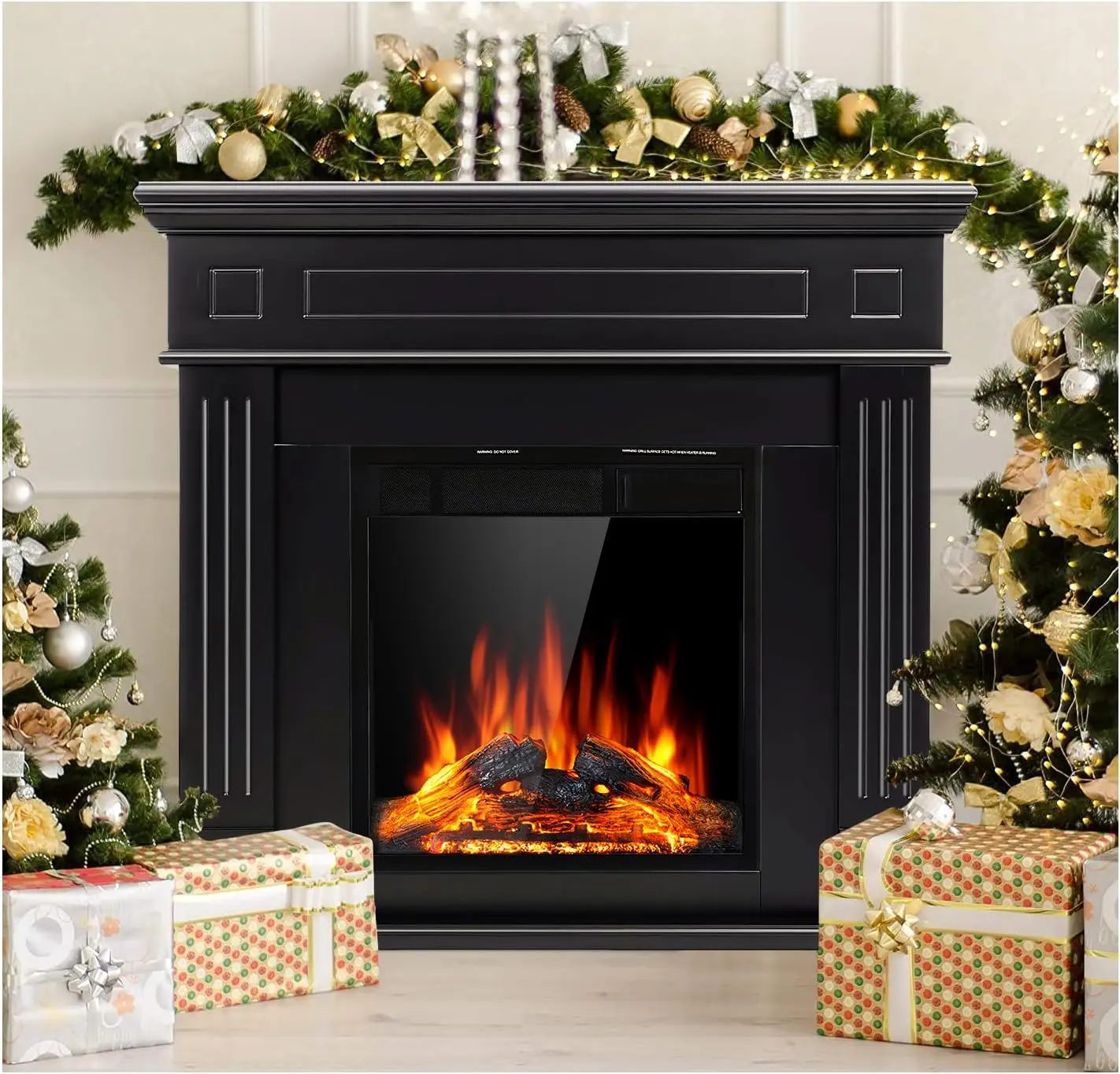 

JAMFLY Electric Fireplace Mantel Package Wooden Surround Firebox TV Stand Free Standing Electric Fireplace Heater with Logs,