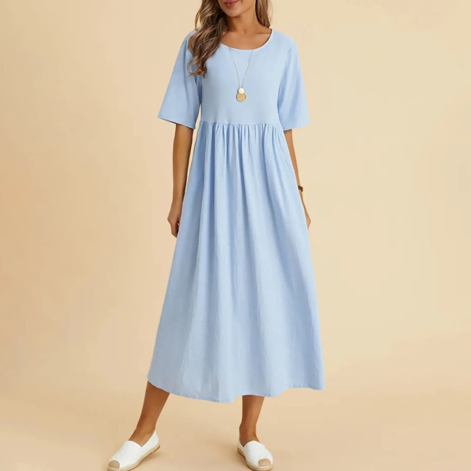 

Autumn Women Vintage Cotton Linen Breathable Midi Dress Autumn Casual Short Sleeve Round Neck Sundress Large Size A-line Dress