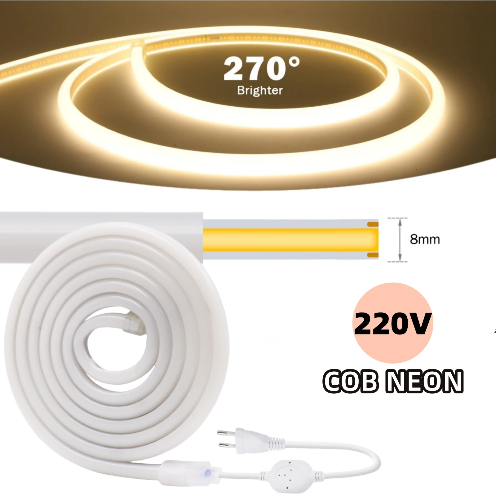 AC 230V COB Neon LED Light 220V 20M 288Leds/M IP65 Waterproof 270 Degree Brighter Diode Tape Tube Lamp 50CM Cuttable EU Plug