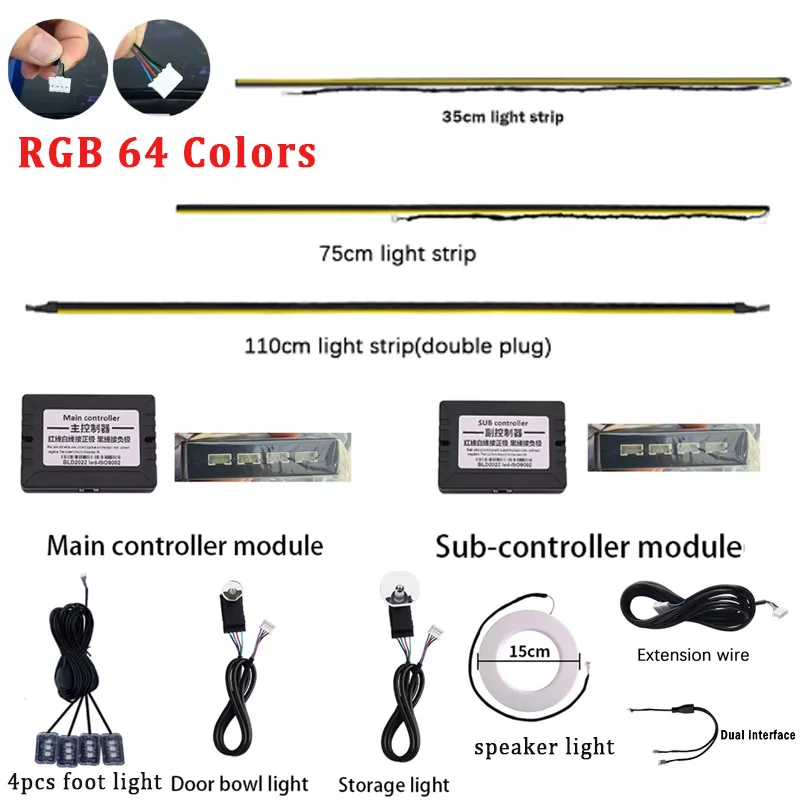 LED Car Ambient Light RGB 64 Colors Parts Main Sub Controller 35/75/110cm Light Strip Storage Door Lamp Extension Cord Speakers