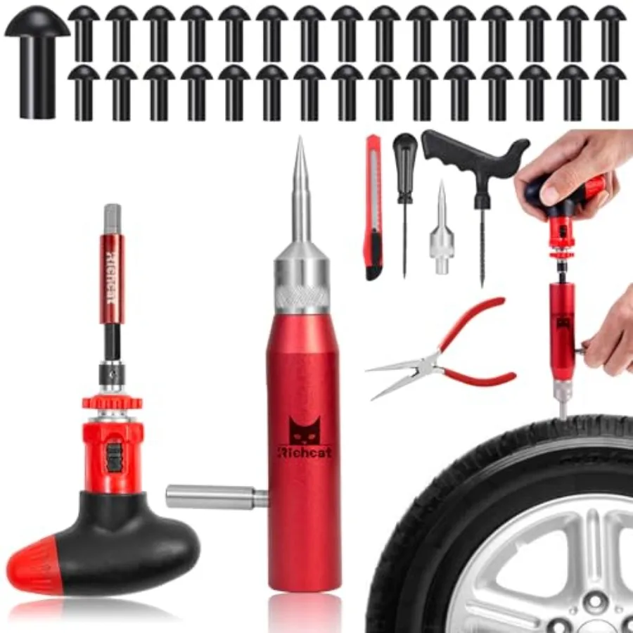 

Richcat Tubeless Tire Puncture Repair Kit with Mushroom Plug for Motorcycles Cars Trucks ATVs and Tractors Repairs Punctures an