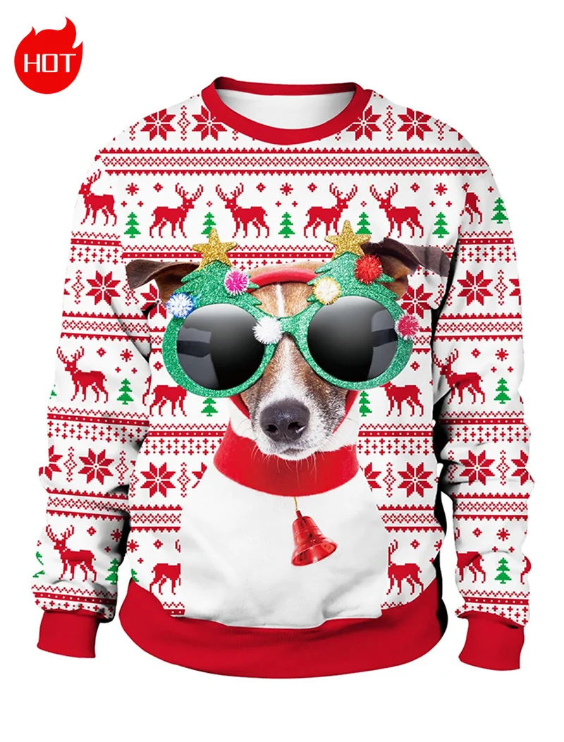 Vintage 3D Merry Christmas Printed Sweatshirts Reindeer Christmas Ornaments Graphic Ugly Christmas Sweatshirts Mens Clothing Top