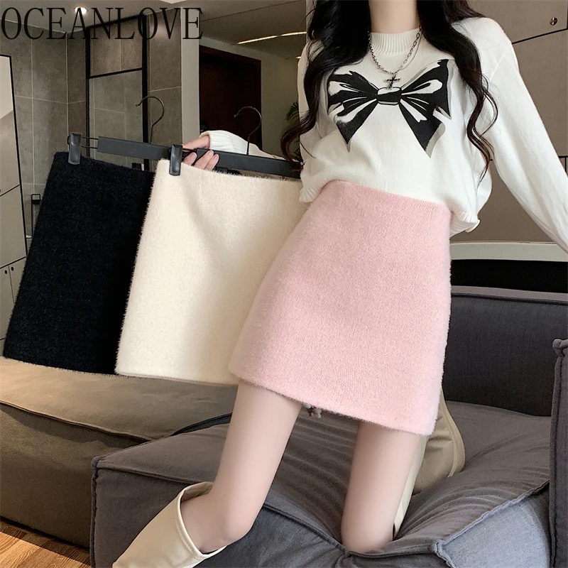 OCEANLOVE Woolen Pink Mini Skirts Thick A-line Autumn Winter Solid Sweet Faldas Mujer Korean Fashion Elegant Women Skirt