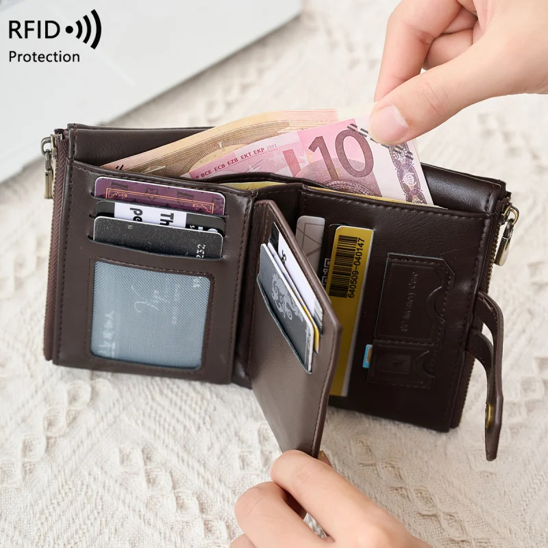 Western RFID Blocking PU Leather Chain Men Wallet Large Capacity Multifunctional Three Floded Coin Purse for Mens