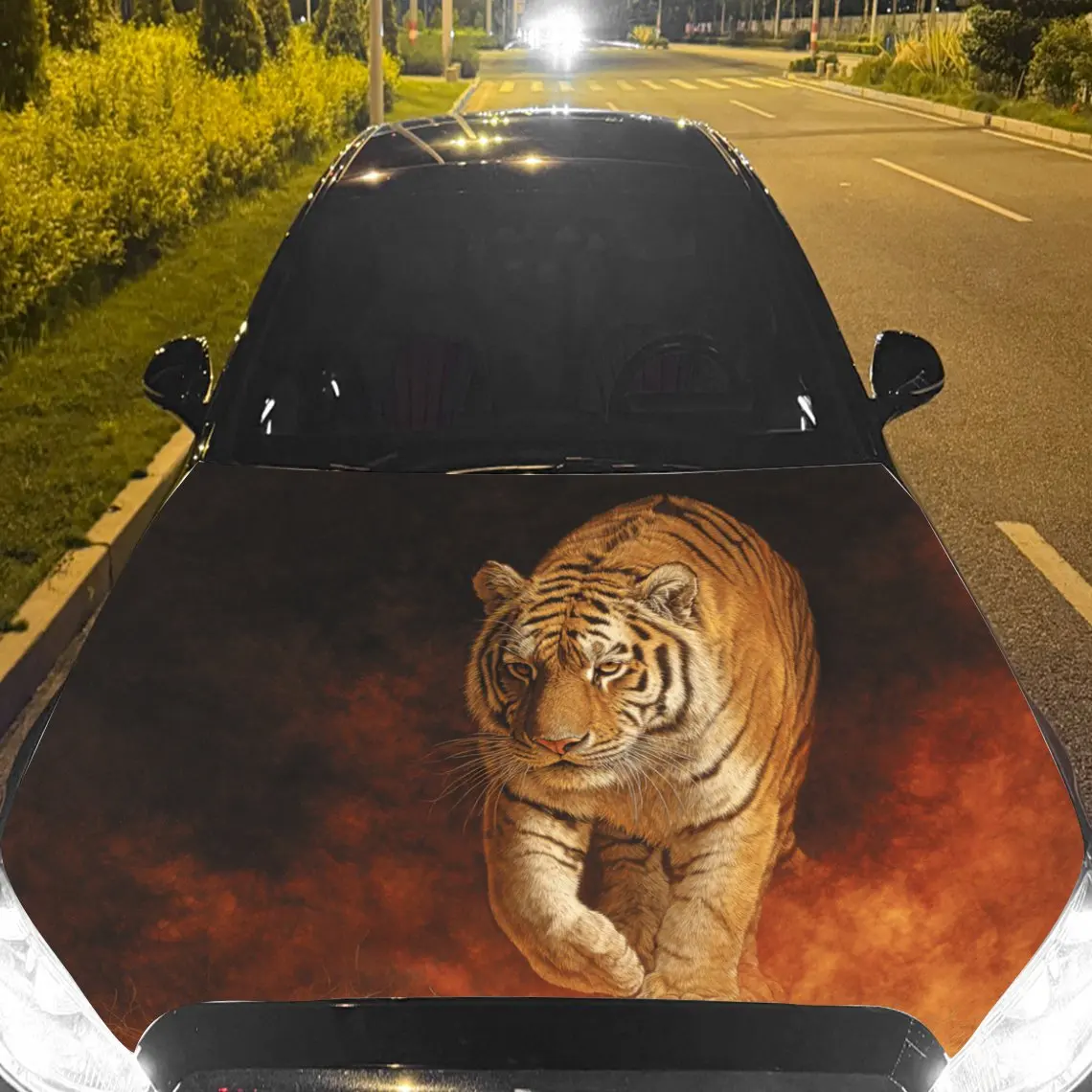Car Decals Tiger with Striped Fur, a Forward - Moving Pose, and a Warm - Toned Scene  Car Hood Sticker, Waterproof Self - Adhesi