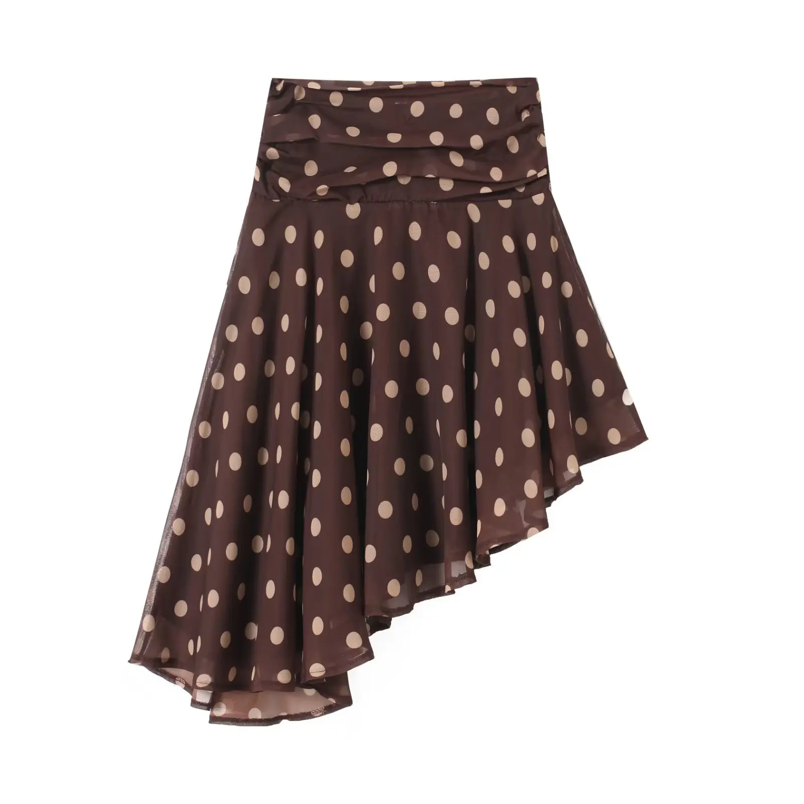 Summer Fashion Coffee Polka Dot Chiffon Asymmetry Skirts Women Side Zipper Waist Slanted hem Knee Length Swing Skirts Bottom
