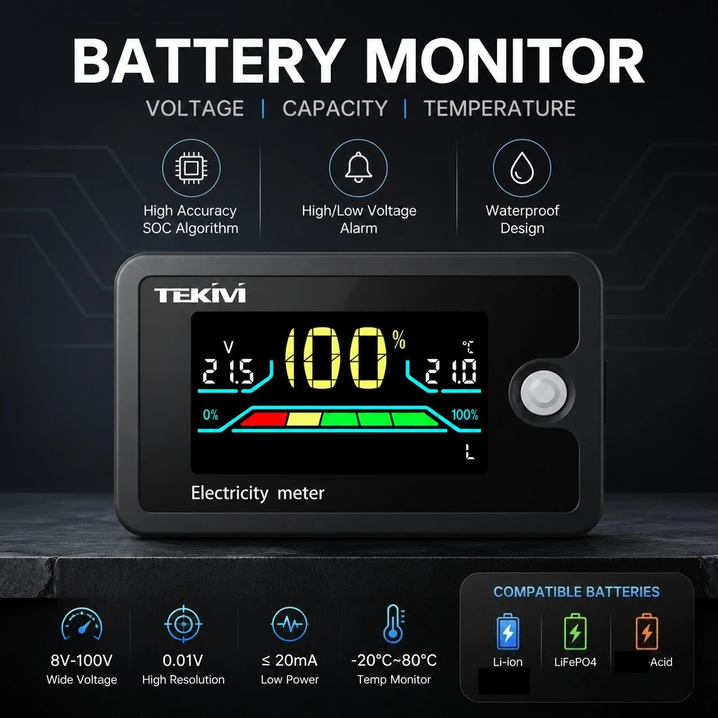 

VONTOOL LCD Battery Indicator DC7-55V Voltage Percentage Monitor for 12V 24V Lithium LiFePO4 Acid Battery Temp Display`