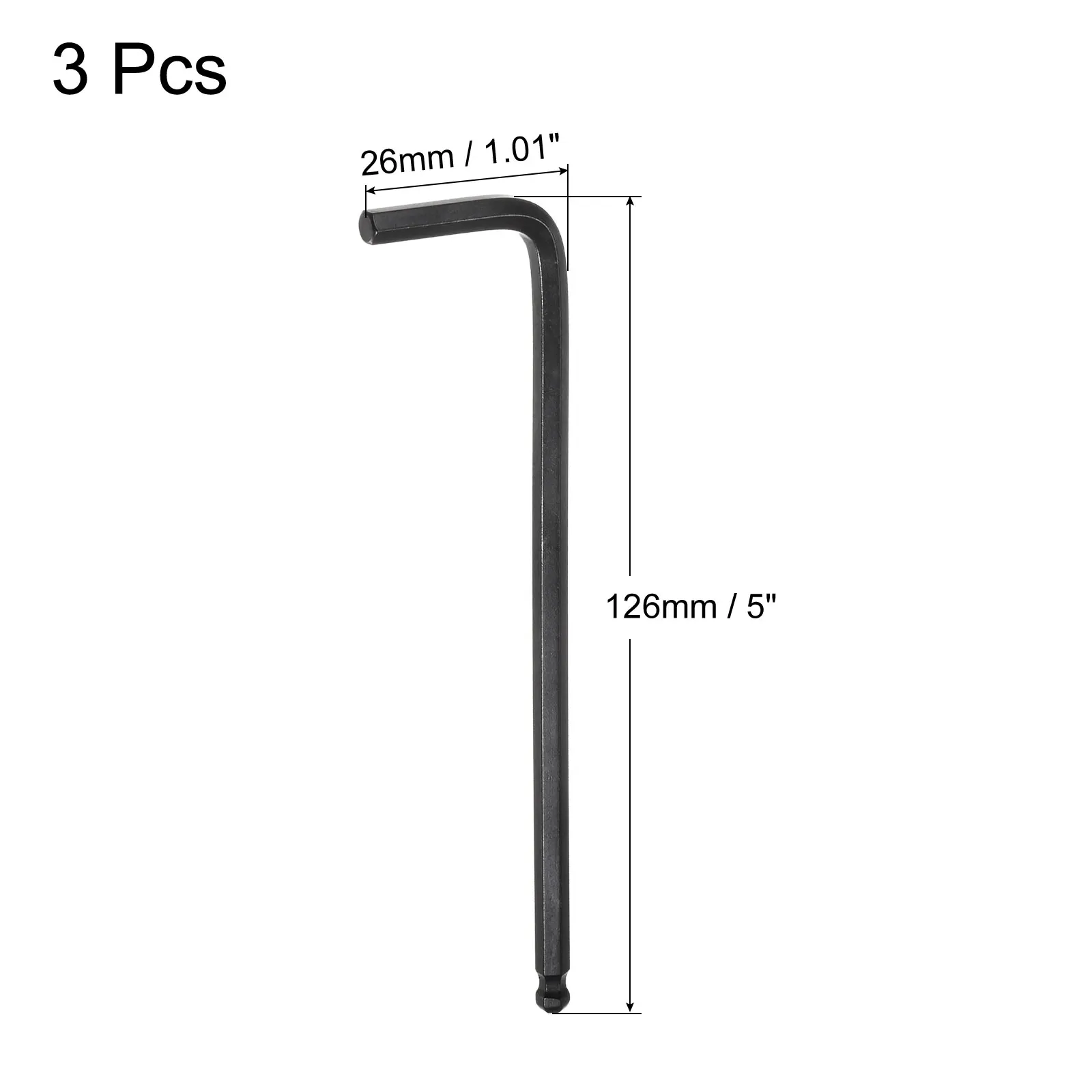 3pcs Ball End Hex Key Wrench, L Shaped Long Arm CR-V Repairing Tool, Black