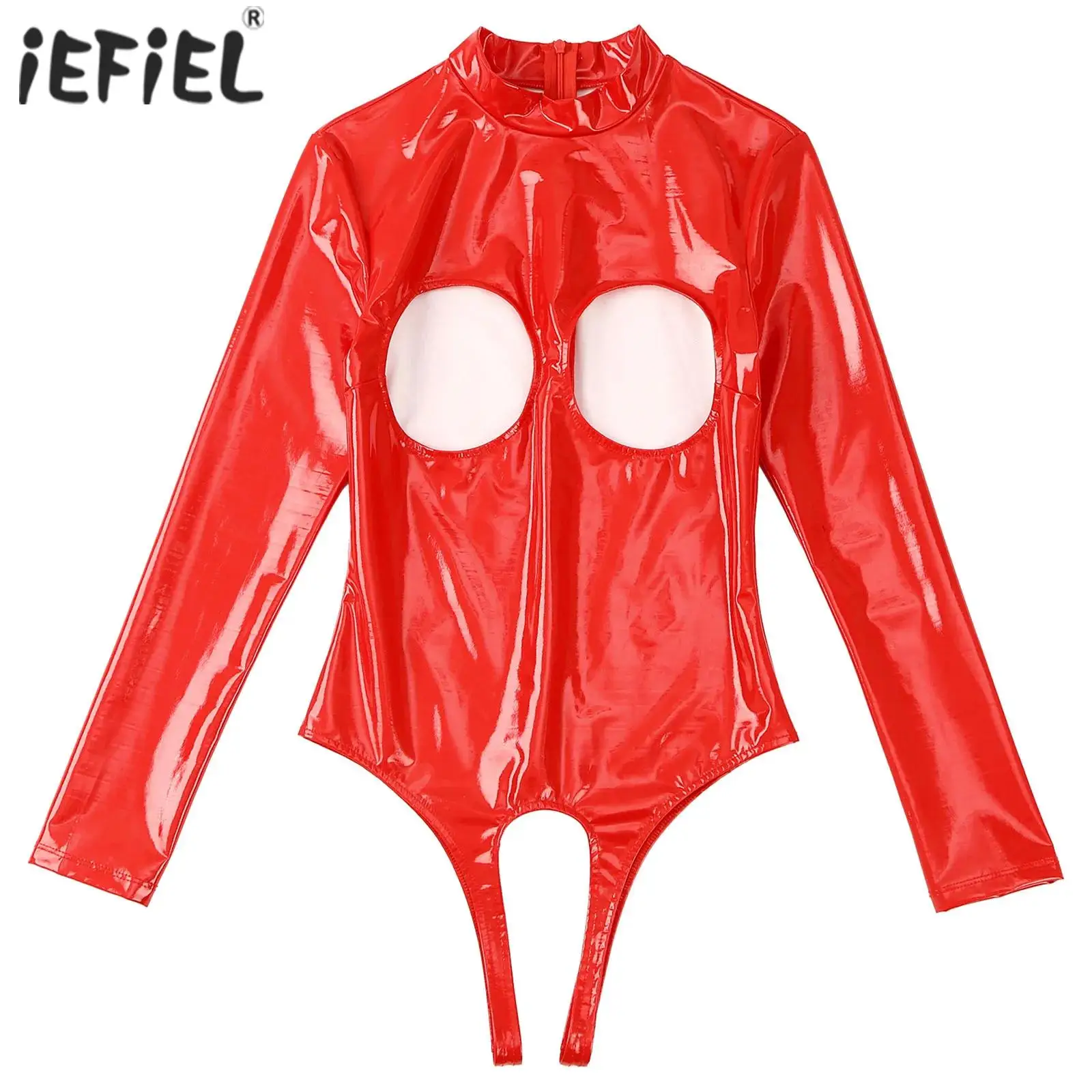 

Sexy Womens Lingerie Latex Open Cup Crotchless Bodysuit Invisible Zipper Back Cutout Open Chest Patent Leather Catsuit Costume