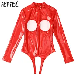 Sexy Womens Lingerie Latex Open Cup Crotchless Bodysuit Invisible Zipper Back Cutout Open Chest Patent Leather Catsuit Costume