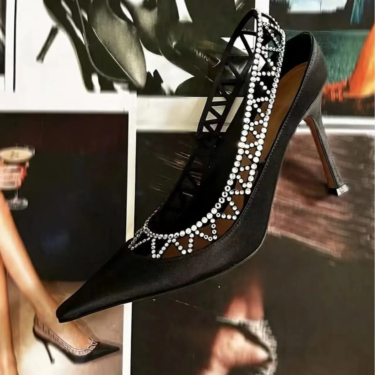 Women Black Satin Pointed Toe Slingback High Heels Geometric Cutout Rhinestone Embellished Stiletto Evening Party Pumps