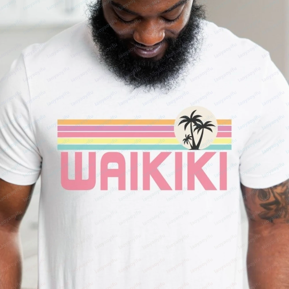 Waikiki-Beach-Hawaii-Vacation-Mode-Beach-Palm-Tree-Shirt-Souvenir-TShirt-Travel-Hawaii-Harajuku-Men-Clothing-Oversized-T-Shirt