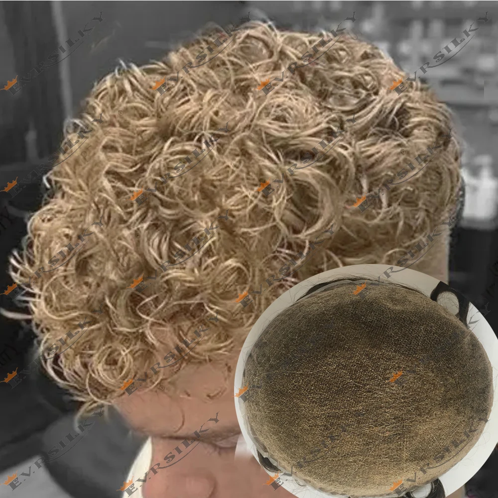 

20mm Curly Blonde Brown Full Swiss Lace Human Hair Toupee Men Wigs Breathable Bleach Knots Grey Male Capillary Prothesis System